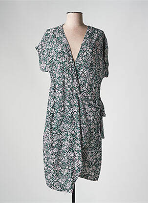 Robe mi-longue imprimé fleurs manches courtes vert YUKA femme