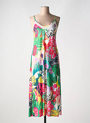 Robe mi-longue imprimé fleurs fines bretelles vert MALOKA femme