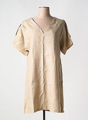 Robe mi-longue tissage crêpe manches courtes beige MALOKA femme