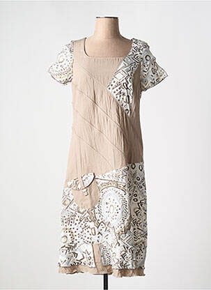 Robe mi-longue imprimé fantaisie manches courtes beige FRANCE RIVOIRE femme