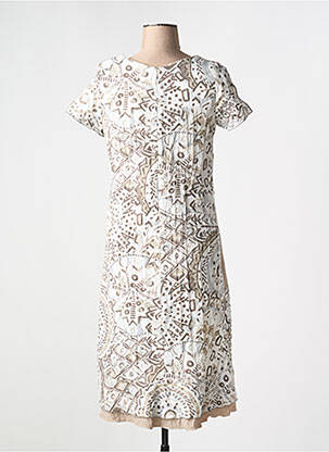 Robe mi-longue imprimé fantaisie manches courtes beige FRANCE RIVOIRE femme