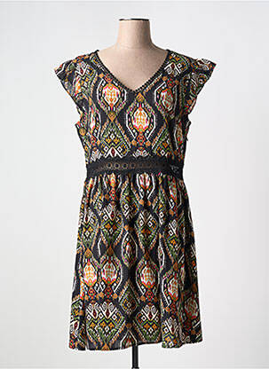 Robe mi-longue imprimé fantaisie manches courtes noir A BELLE BY J.E CREATION femme