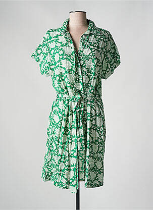 Robe mi-longue imprimé fleurs manches courtes vert C'EST BEAU LA VIE femme