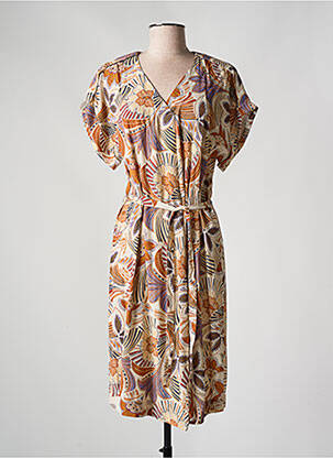 Robe mi-longue imprimé fleurs manches courtes beige DIANE LAURY femme