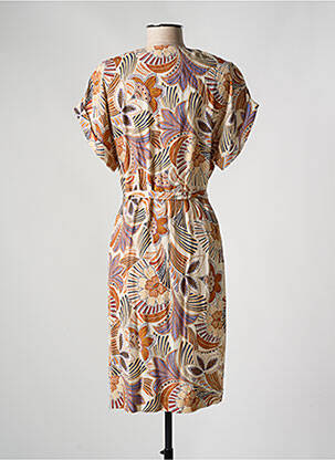 Robe mi-longue imprimé fleurs manches courtes beige DIANE LAURY femme