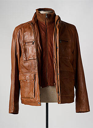 Veste en cuir manches longues marron clair PAUL AJAMIAN homme