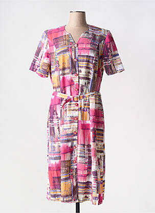 Robe mi-longue imprimé fantaisie manches courtes rose GUY DUBOUIS femme