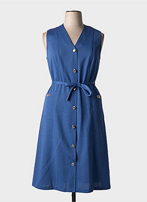 Robe mi-longue tissage crêpe sans manche bleu MANADOUR femme