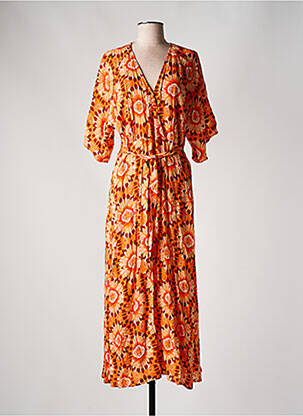 Robe longue imprimé fleurs manches 3/4 orange C'EST BEAU LA VIE femme
