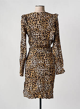 Robe mi-longue tissage crêpe manches longues marron OBJECT femme