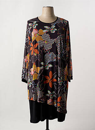Robe mi-longue imprimé fleurs manches longues noir FRANCE RIVOIRE femme