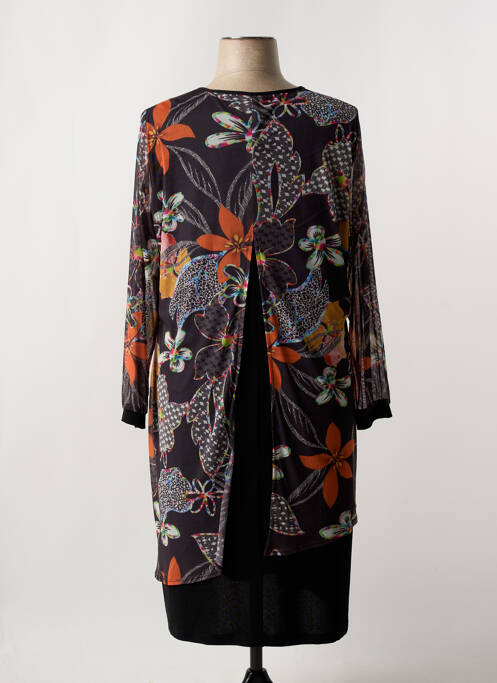 Robe mi-longue imprimé fleurs manches longues noir FRANCE RIVOIRE femme