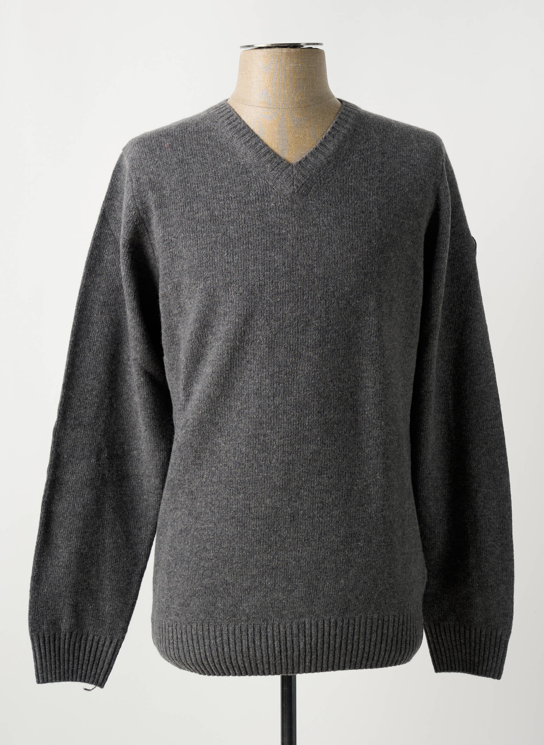Pull jersey col V mélange coton gris foncé homme