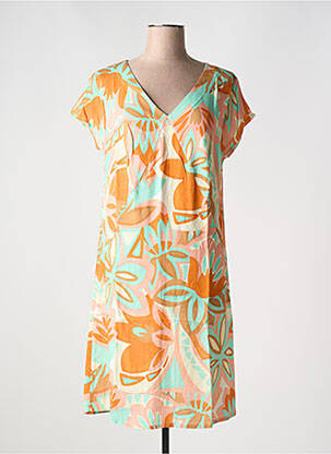 Robe mi-longue imprimé fleurs manches courtes orange BARANDI femme