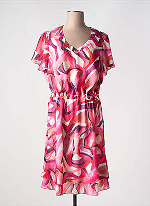 Robe mi-longue imprimé fantaisie manches courtes rose CHRISTINE LAURE femme