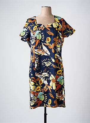 Robe mi-longue imprimé fleurs manches courtes bleu FRANCE RIVOIRE femme