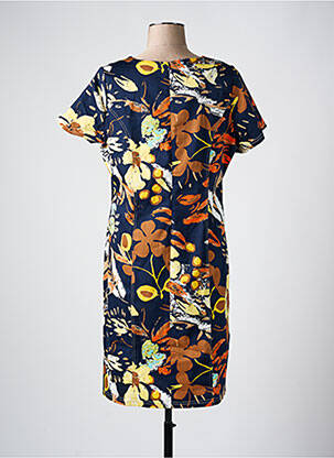 Robe mi-longue imprimé fleurs manches courtes bleu FRANCE RIVOIRE femme