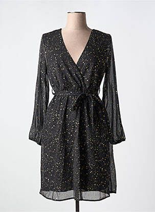 Robe mi-longue tissage crêpe manches longues noir LILIE ROSE femme
