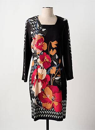 Robe mi-longue imprimé fleurs manches longues noir GUY DUBOUIS femme