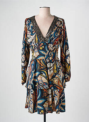 Robe mi-longue imprimé fantaisie manches longues noir COULEURS DU TEMPS femme