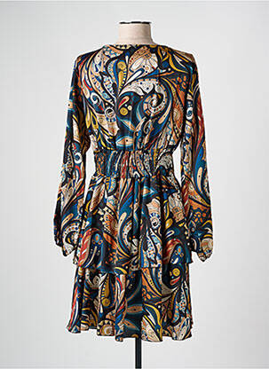 Robe mi-longue imprimé fantaisie manches longues noir COULEURS DU TEMPS femme