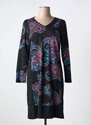 Robe mi-longue imprimé fantaisie manches longues noir GUY DUBOUIS femme
