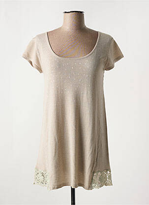 Pull tunique stretch manches courtes beige AKELA KEY femme