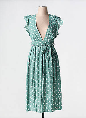 Robe mi-longue tissage crêpe manches courtes vert GLAMOROUS femme