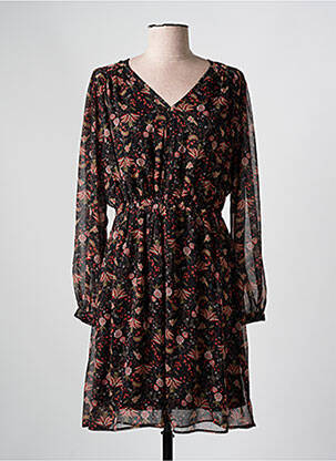 Robe mi-longue imprimé fleurs manches longues noir C'EST BEAU LA VIE femme
