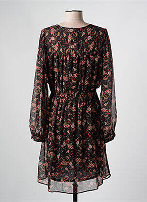 Robe mi-longue imprimé fleurs manches longues noir C'EST BEAU LA VIE femme