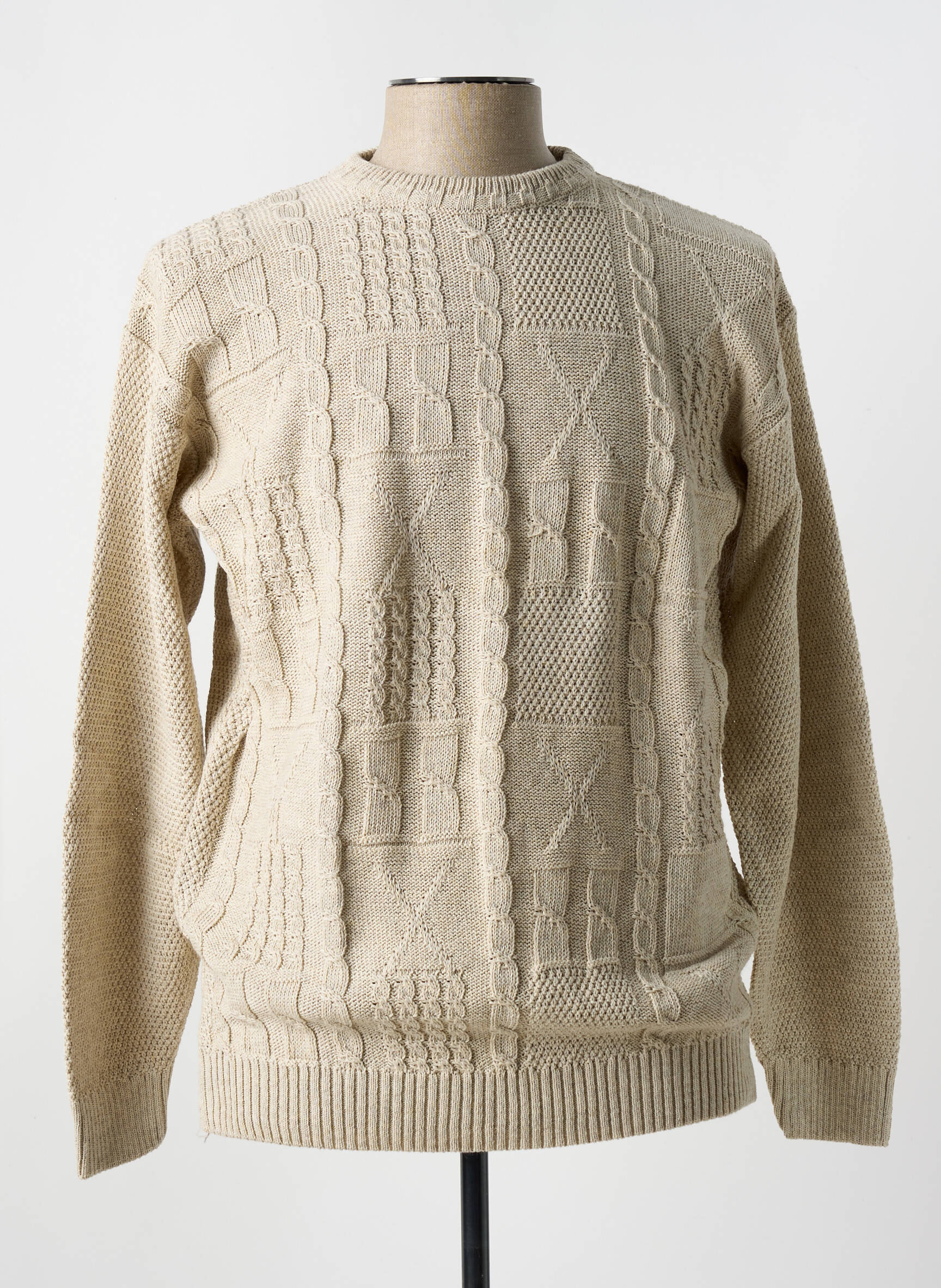 Pull Vintage Homme Rayé Beige, Col Rond, Taille 52 (L) – Années 90