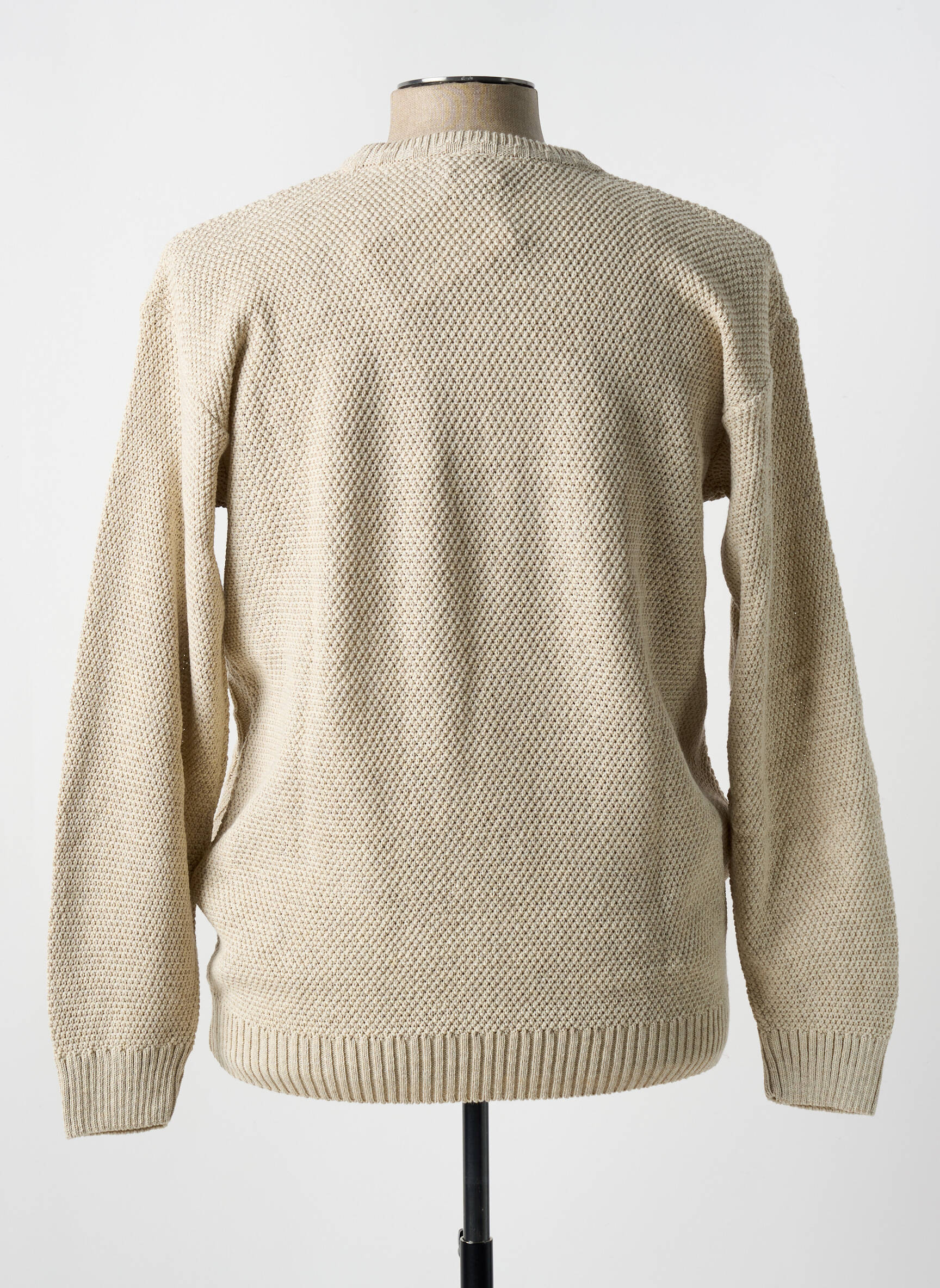 Pull Vintage Homme Rayé Beige, Col Rond, Taille 52 (L) – Années 90