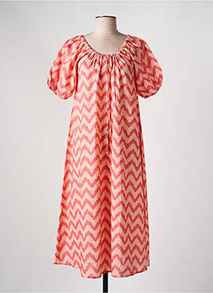 Robe mi-longue imprimé fantaisie manches courtes orange MUS & BOMBON femme