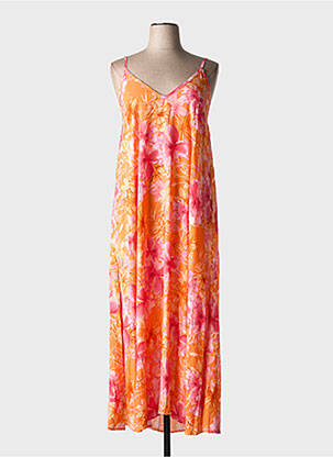 Robe longue imprimé fleurs fines bretelles orange C'MELODIE femme