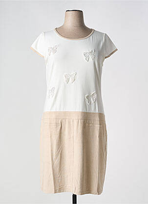 Robe mi-longue tissage crêpe manches courtes beige ANANKE femme