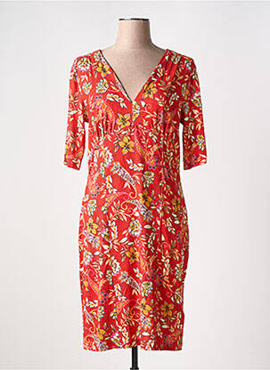 Robe mi-longue imprimé fleurs manches courtes rouge 7 SEASONS femme