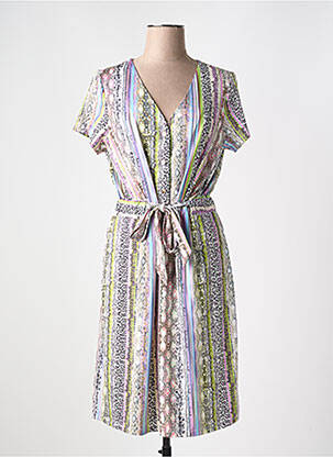 Robe mi-longue imprimé fantaisie manches courtes beige K-DESIGN femme