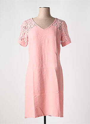 Robe mi-longue tissage crêpe manches courtes rose MALOKA femme
