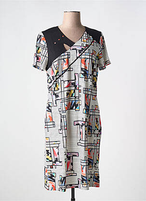 Robe mi-longue imprimé fantaisie manches courtes noir GUY DUBOUIS femme