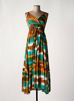 Robe mi-longue imprimé fantaisie fines bretelles marron ANGE femme