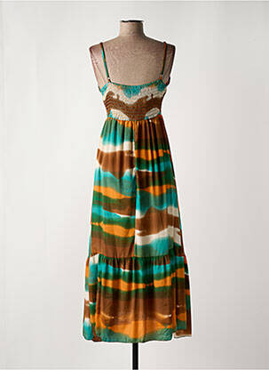 Robe mi-longue imprimé fantaisie fines bretelles marron ANGE femme