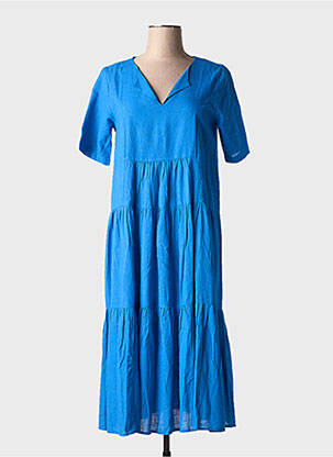 Robe mi-longue tissage crêpe manches courtes bleu ORIENTIQUE NATURALLY femme