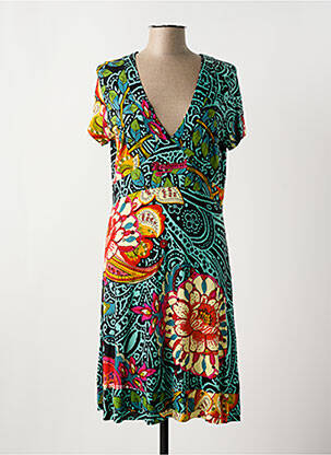 Robe mi-longue imprimé fleurs manches courtes vert DESIGUAL femme