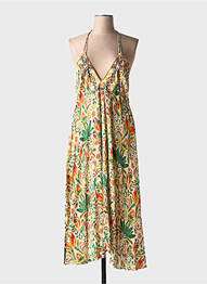 Robe longue imprimé fleurs fines bretelles vert LARAETHNICS femme