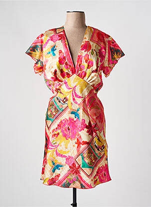 Robe mi-longue imprimé fantaisie manches courtes rose JOEY NEW YORK femme