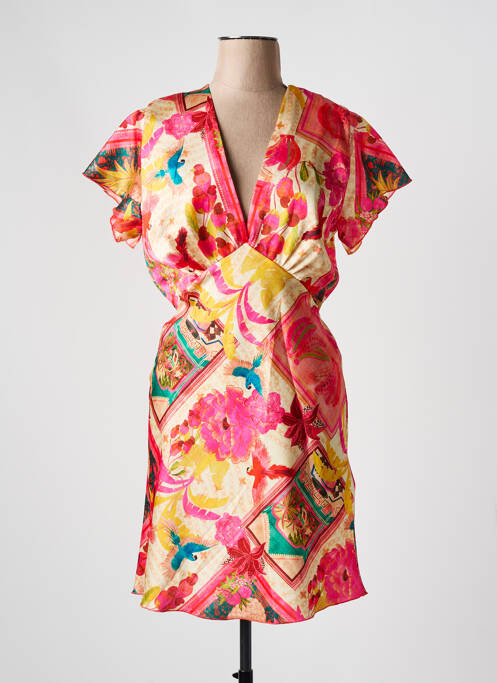 Robe mi-longue imprimé fantaisie manches courtes rose JOEY NEW YORK femme