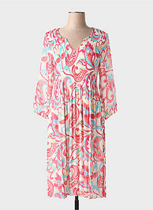 Robe mi-longue imprimé fleurs manches 3/4 rouge HALOGENE femme