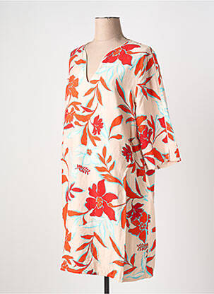 Robe mi-longue imprimé fleurs manches 3/4 rouge HALOGENE femme