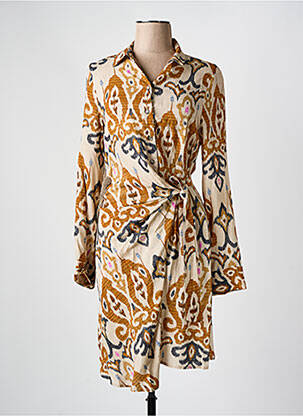 Robe mi-longue imprimé fantaisie manches longues beige BAZAR DELUXE femme