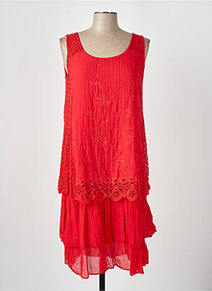 Robe mi-longue tissage crêpe sans manche rouge COULEURS DU TEMPS femme
